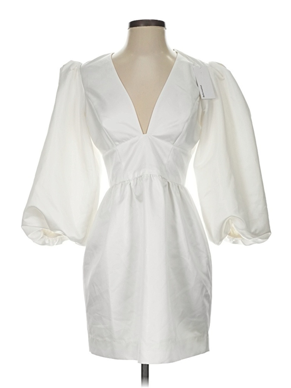 Reformation Weslan Dress — White Deep V Puff-Sleeve Mini Dress